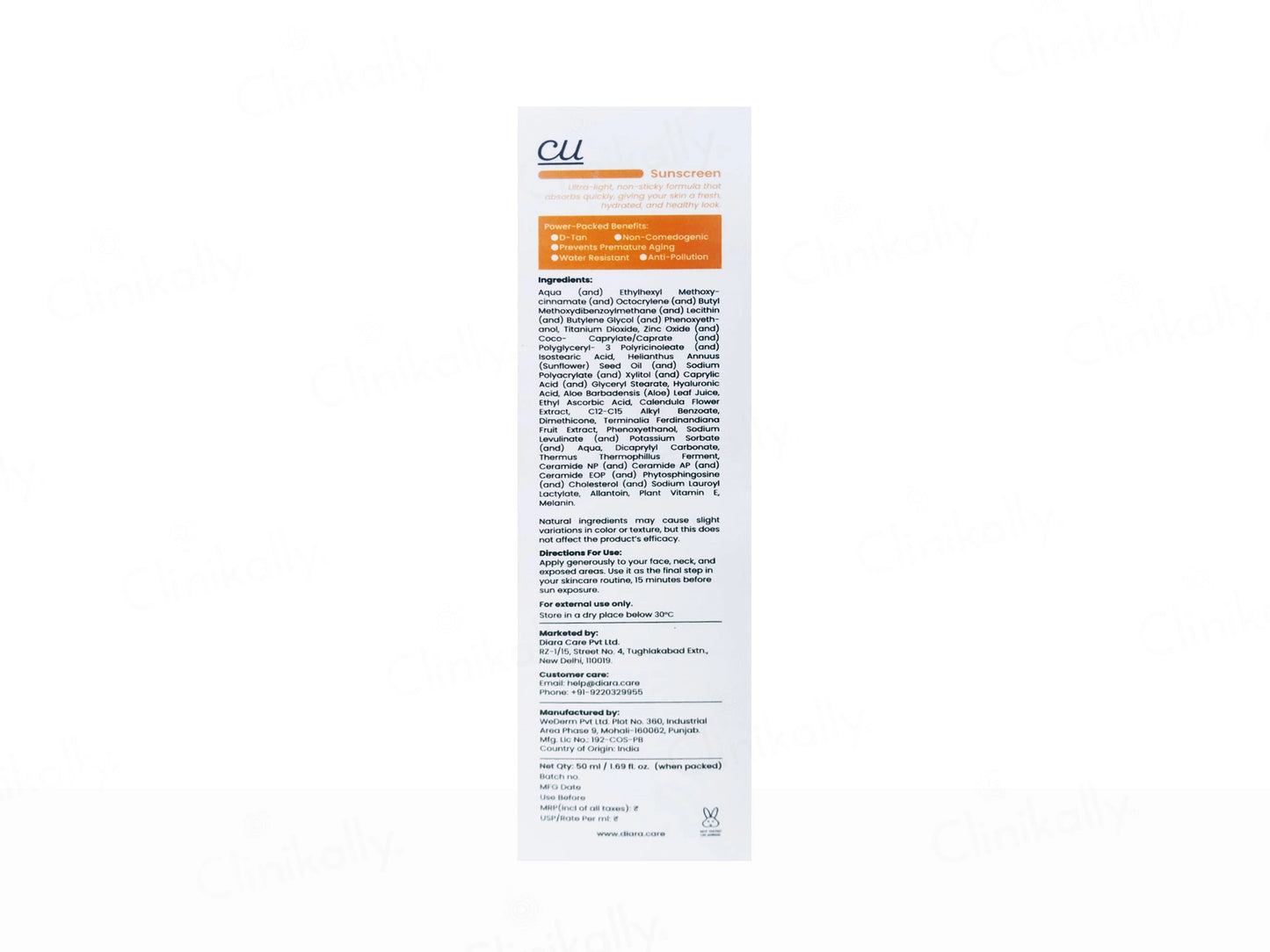 Diara CU Aqua Anti-Tan Ultra-Light Sunscreen SPF 50 PA