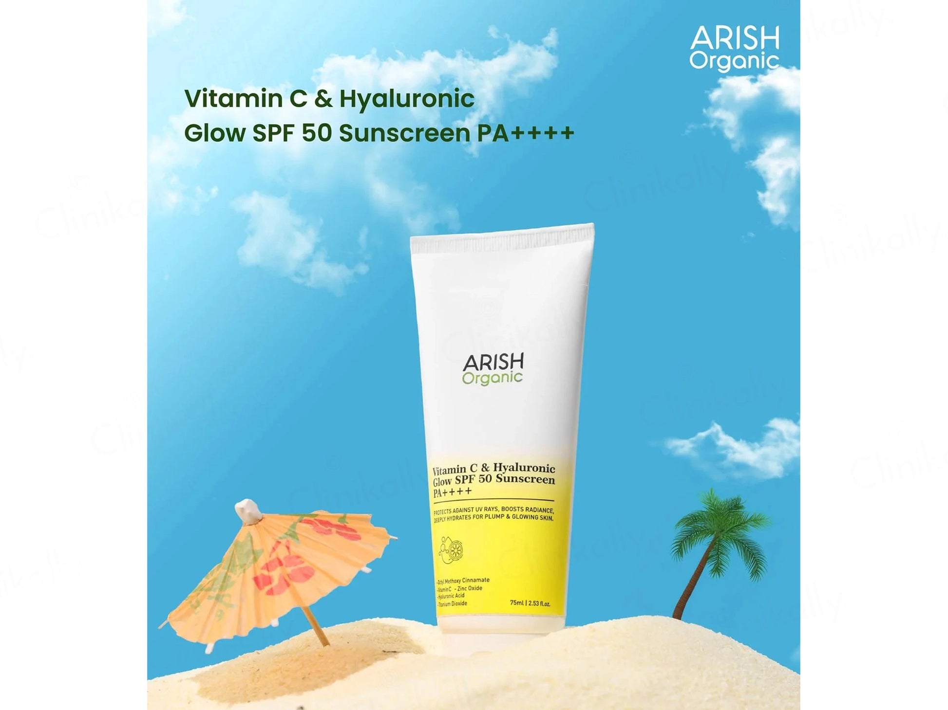 Arish Organic Vitamin C and  Hyaluronic Acid Glow Sunscreen SPF 50 PA