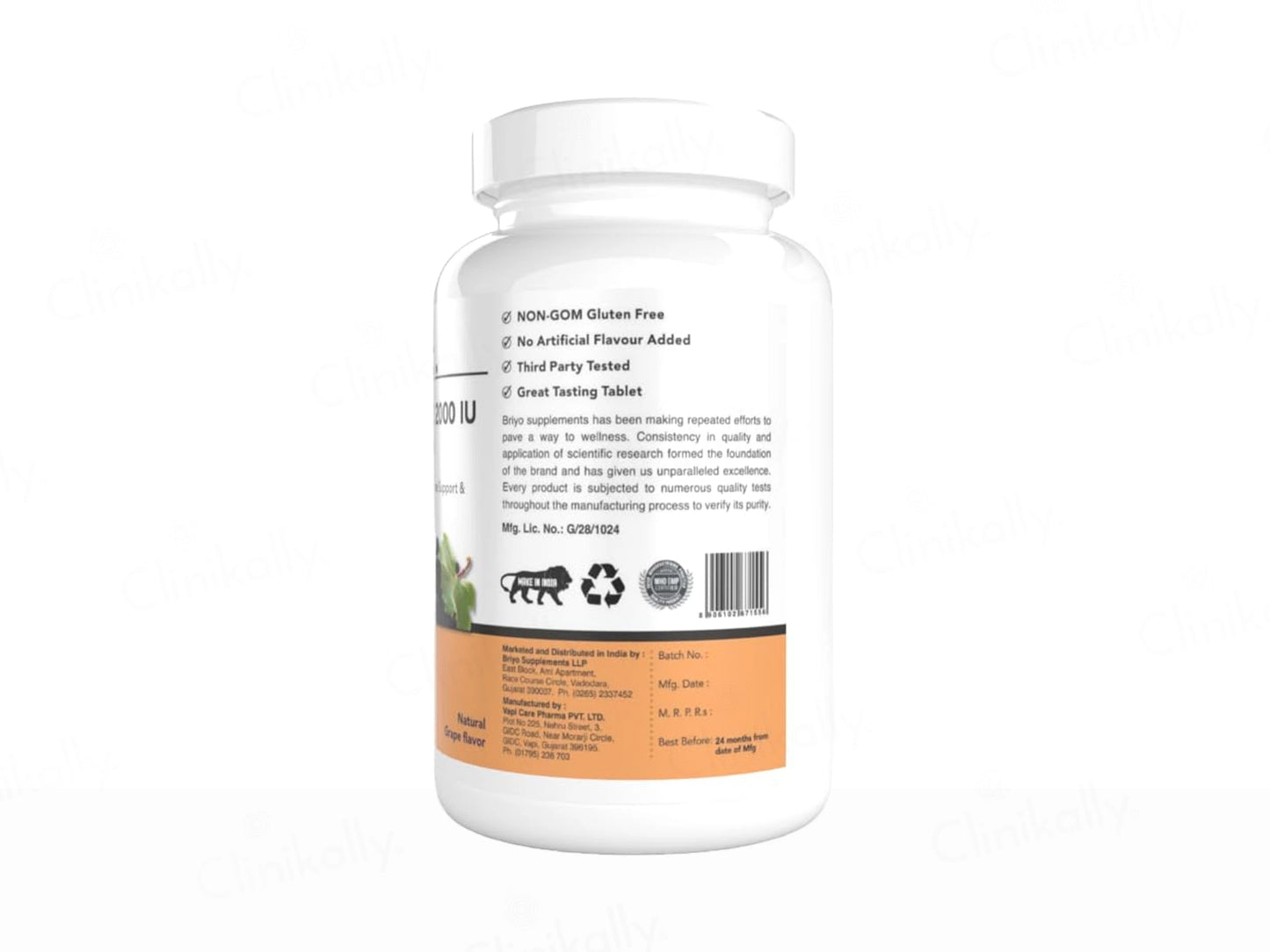 Briyo Vitamin D3 2000 IU Chewable Tablet - Natural Grape Flavour
