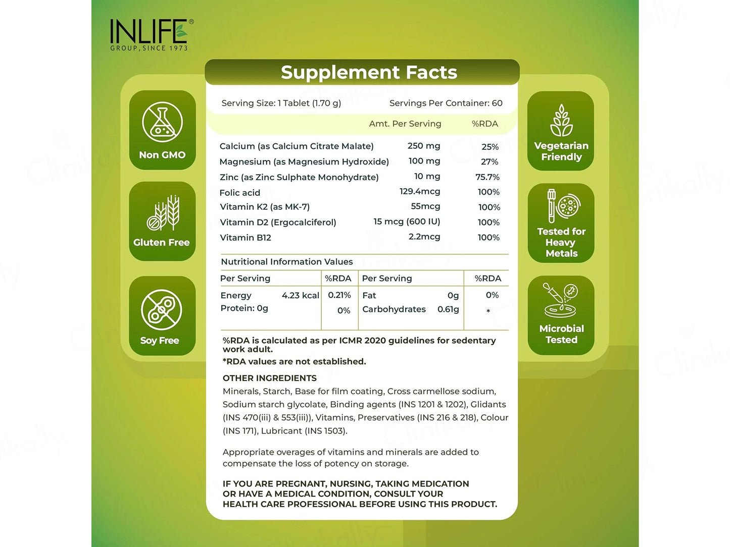 Inlife Bonelife Plus Calcium, Zinc, Magnesium, Vitamin D2  K2 Tablet