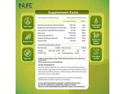 Inlife Bonelife Plus Calcium, Zinc, Magnesium, Vitamin D2  K2 Tablet