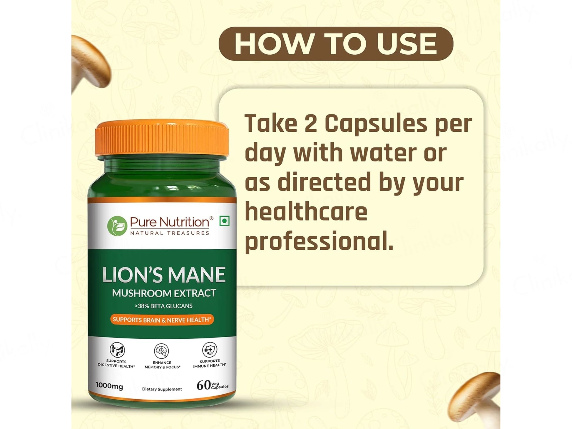Pure Nutrition Lion's Mane Mushroom Extract 1000mg Veg Capsule