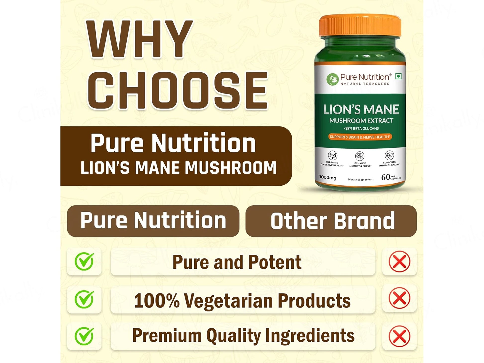 Pure Nutrition Lion's Mane Mushroom Extract 1000mg Veg Capsule
