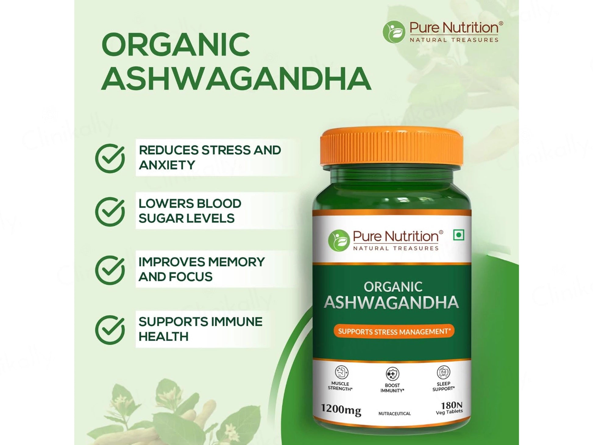 Pure Nutrition Organic Ashwagandha 1200mg Veg Tablet