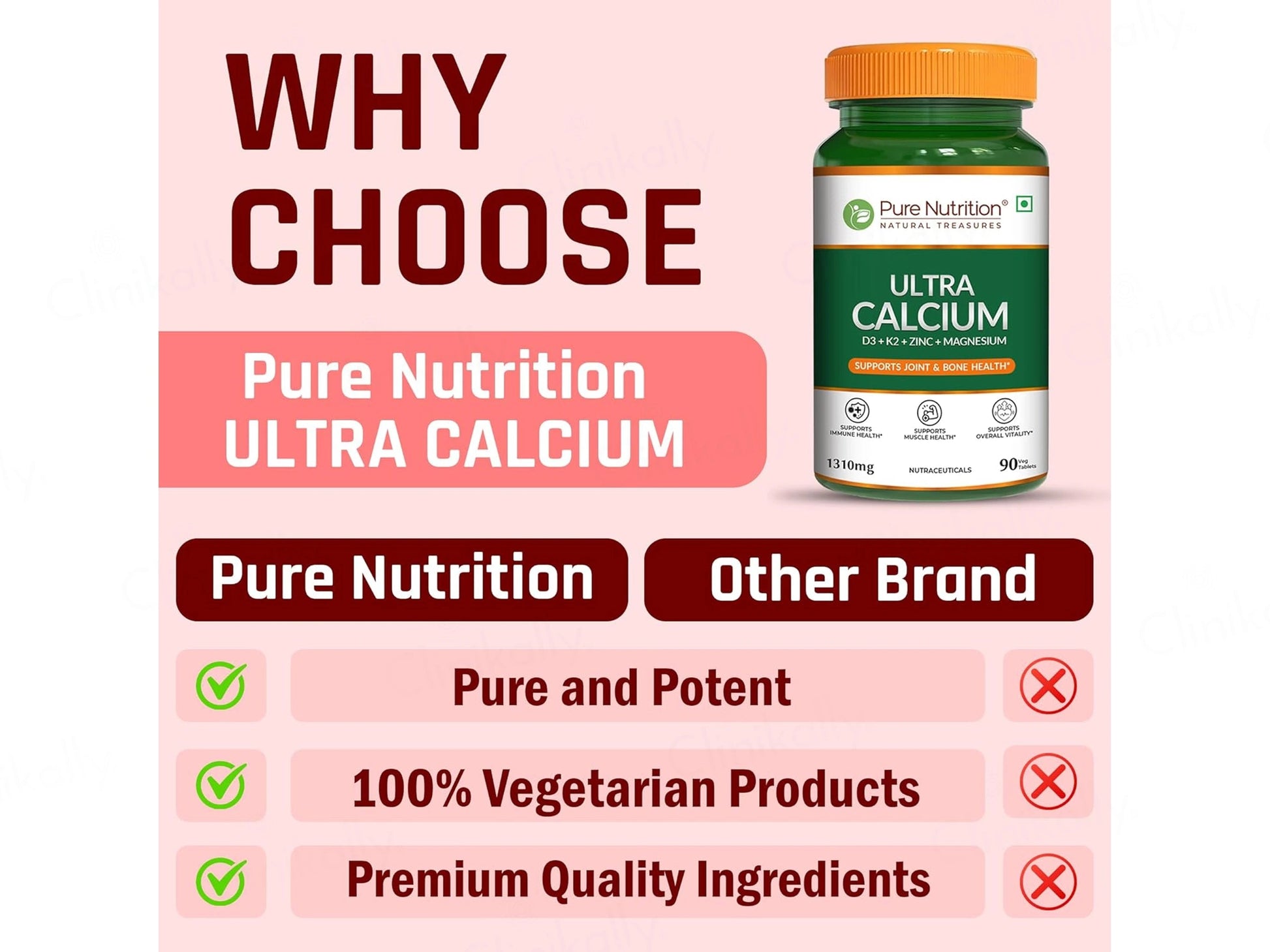 Pure Nutrition Ultra Calcium D3, K2, Zinc and  Magnesium Veg Tablet