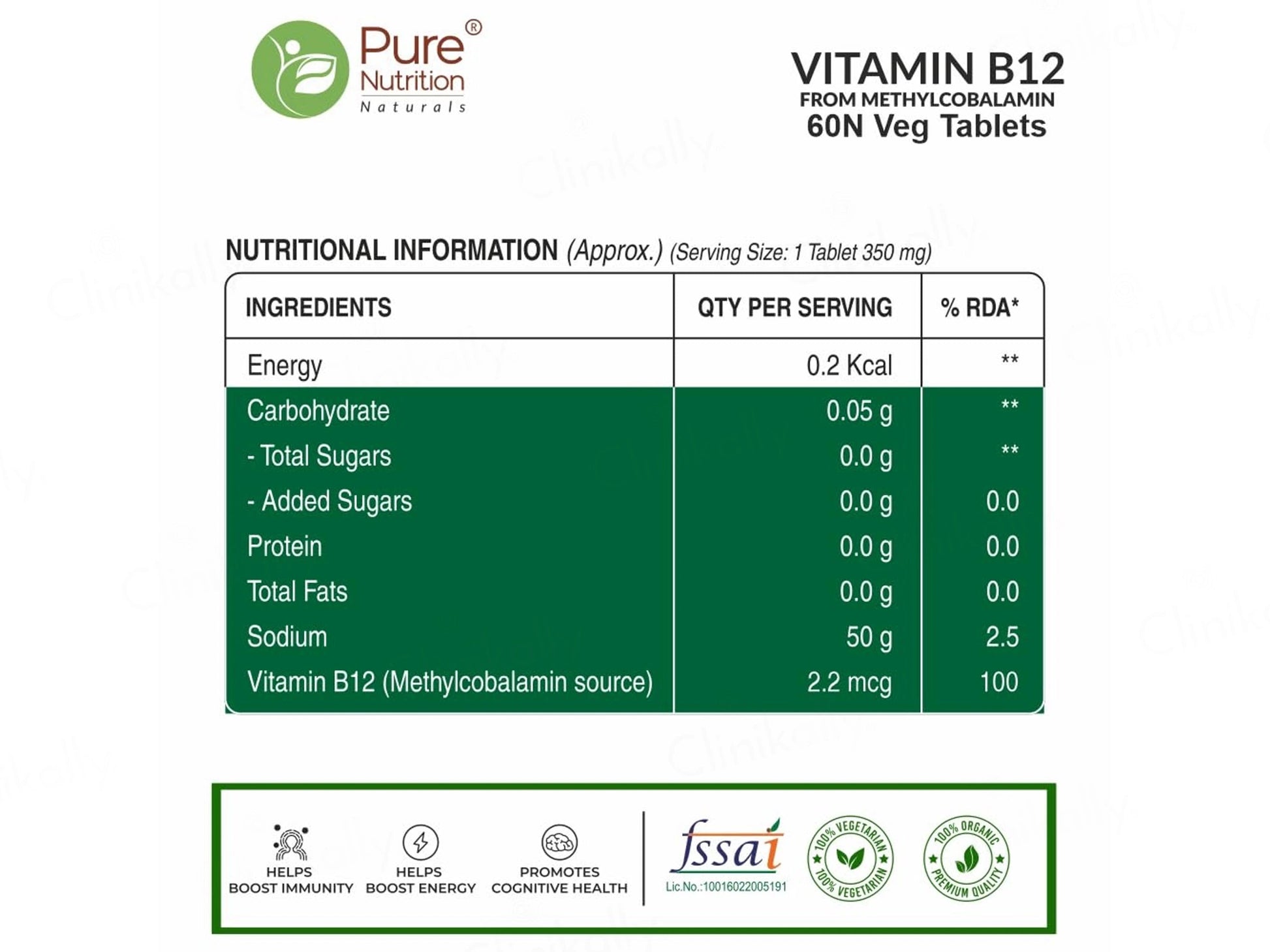 Pure Nutrition Vitamin B12 Methylcobalamin 2.2mcg Veg Tablet