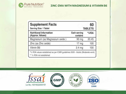 Pure Nutrition Zinc-ZMA, Magnesium  Vitamin B6 Veg Tablet