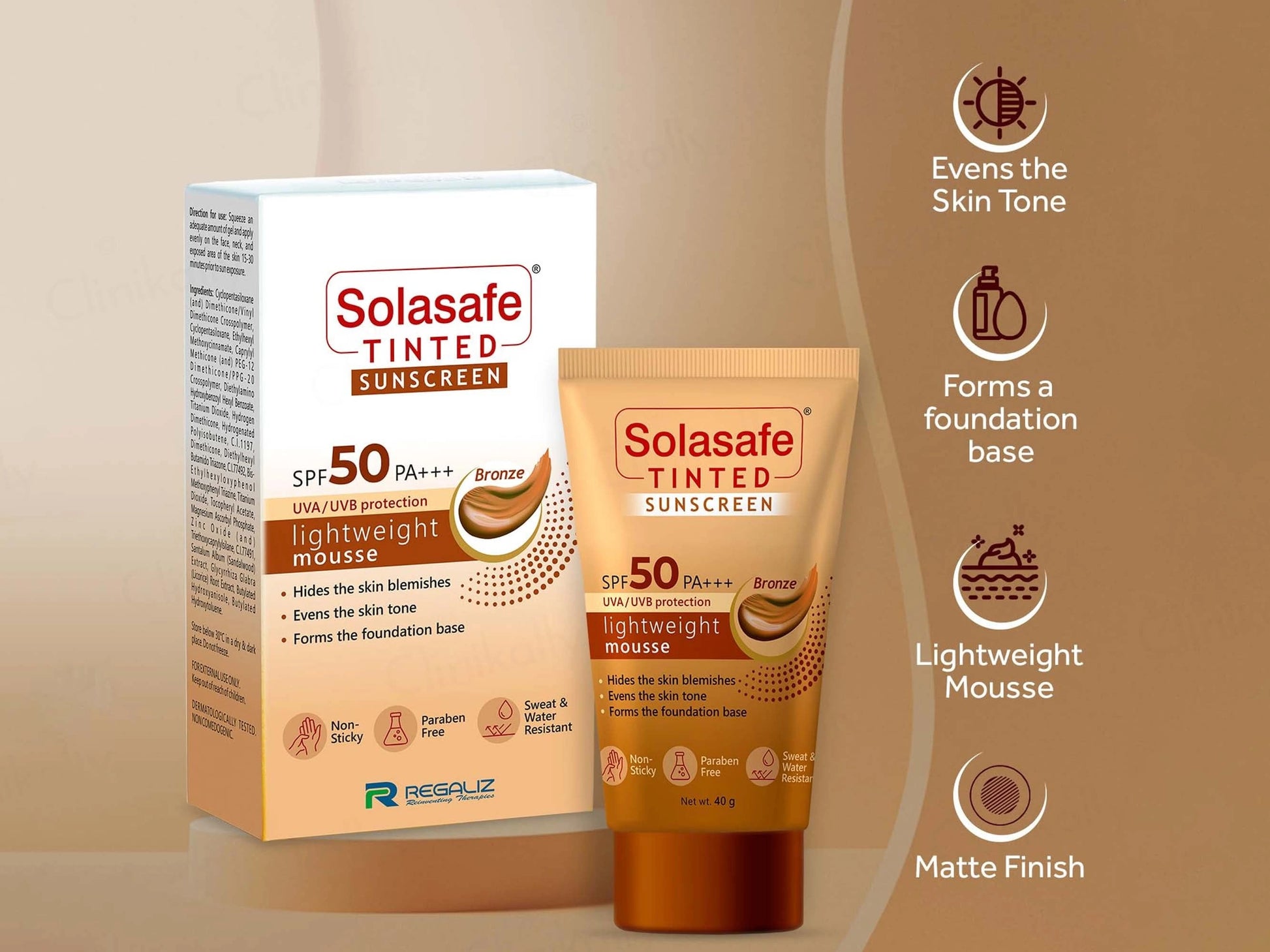 Solasafe Tinted Lightweight Mousse Sunscreen SPF 50 PA Bronze