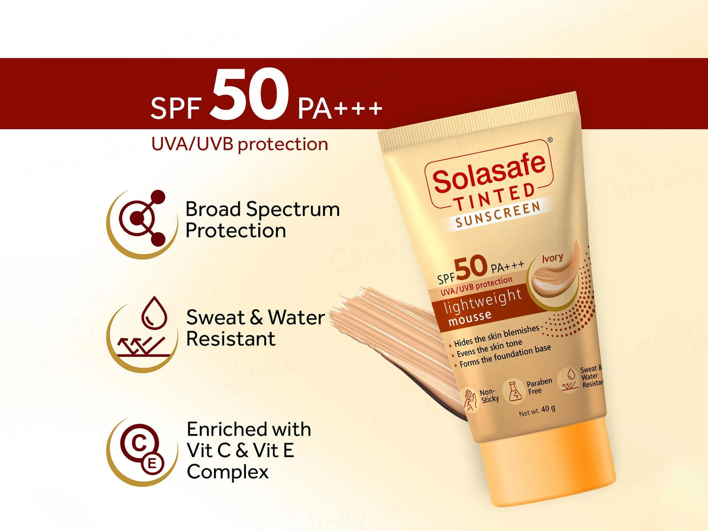 Solasafe Tinted Lightweight Mousse Sunscreen SPF 50 PA Ivory