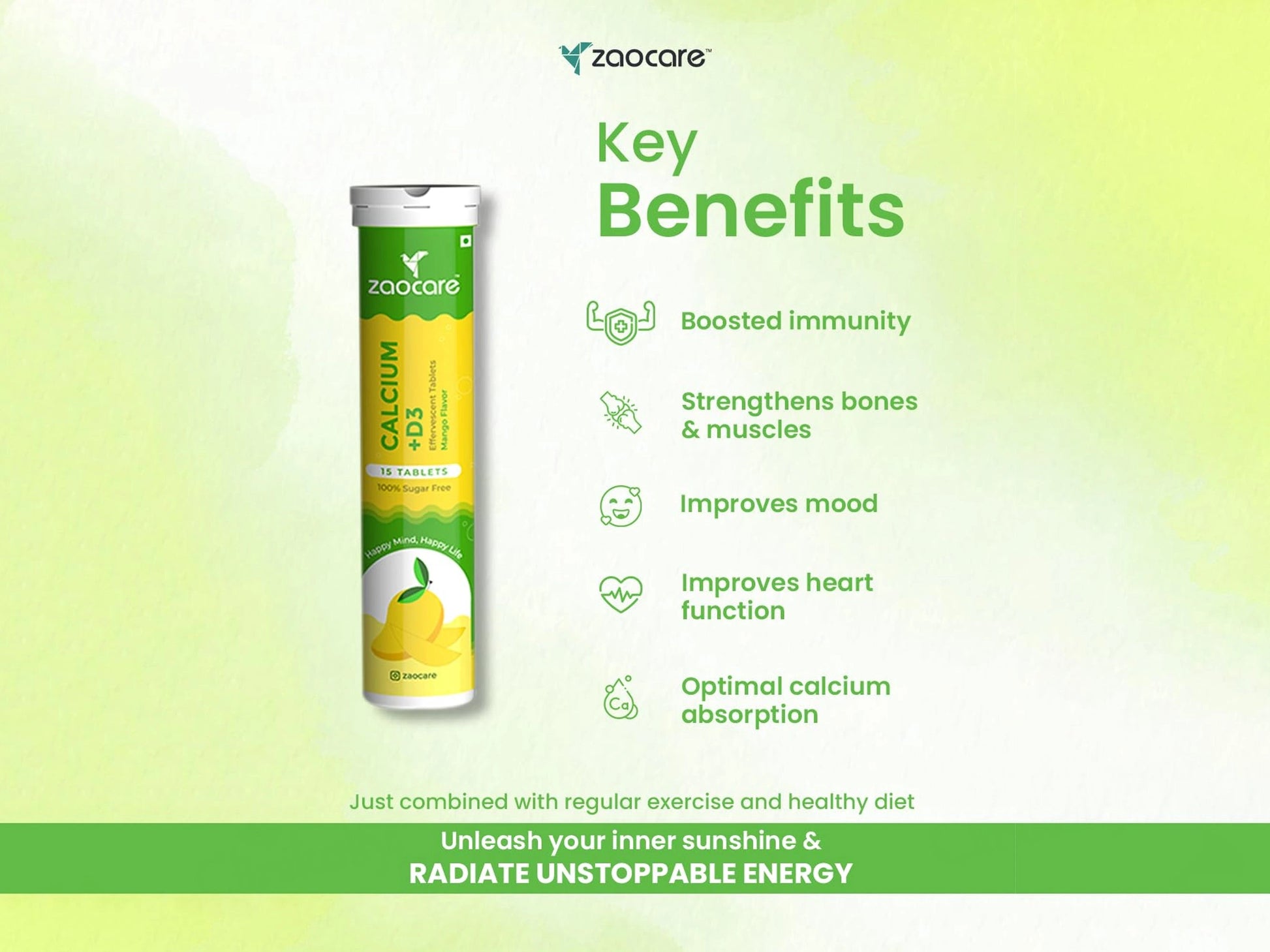 Zaocare Calcium  Vitamin D3 Effervescent Tablet - Mango Flavour