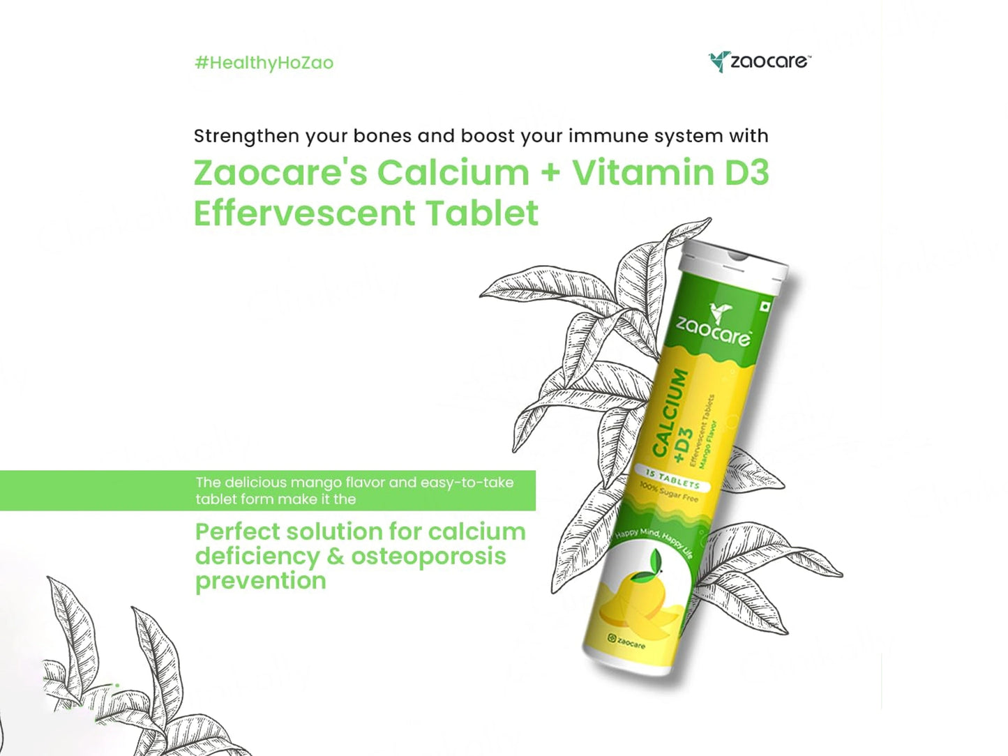 Zaocare Calcium  Vitamin D3 Effervescent Tablet - Mango Flavour