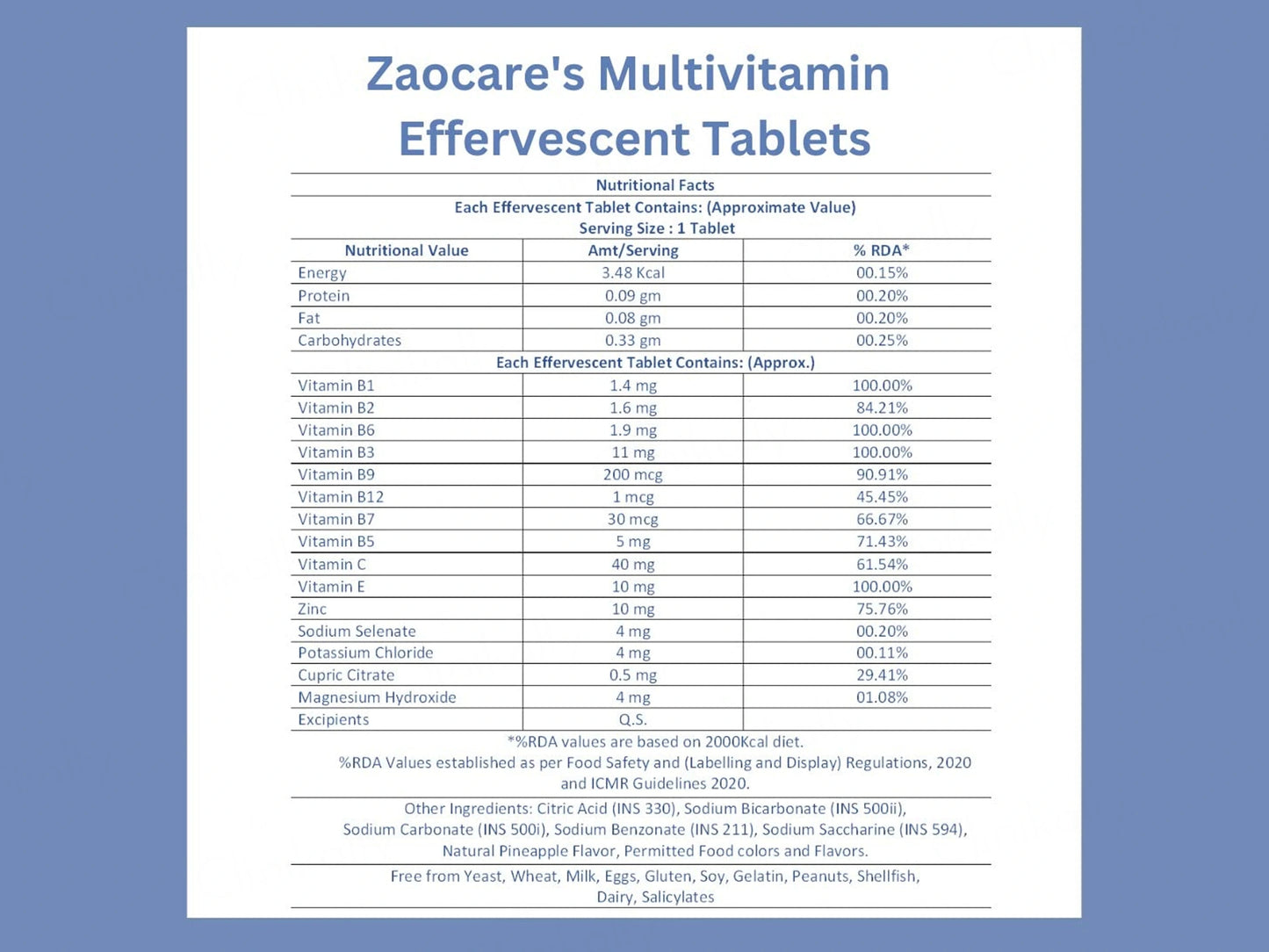 Zaocare Multivitamin Effervescent Tablet - Pineapple Flavour