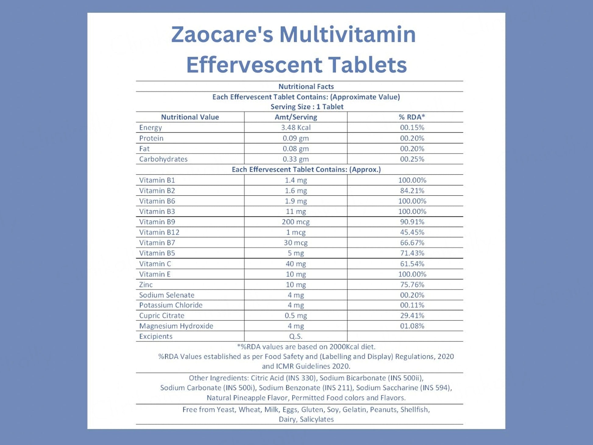 Zaocare Multivitamin Effervescent Tablet - Pineapple Flavour