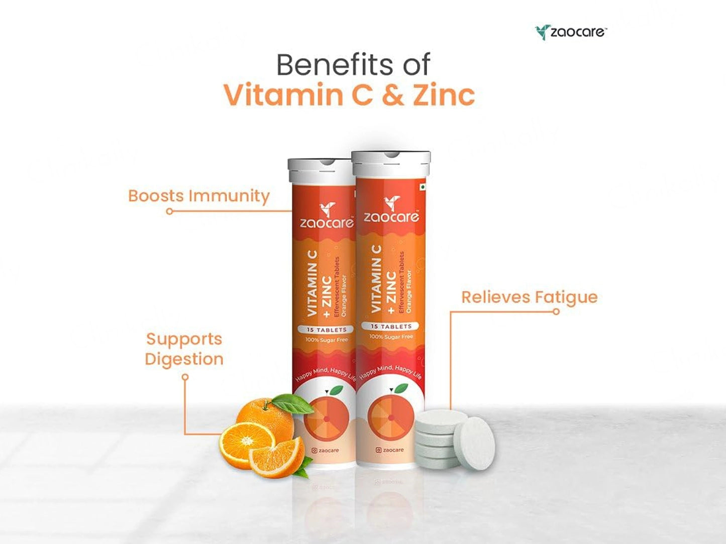 Zaocare Vitamin C  Zinc Effervescent Tablet - Orange Flavour