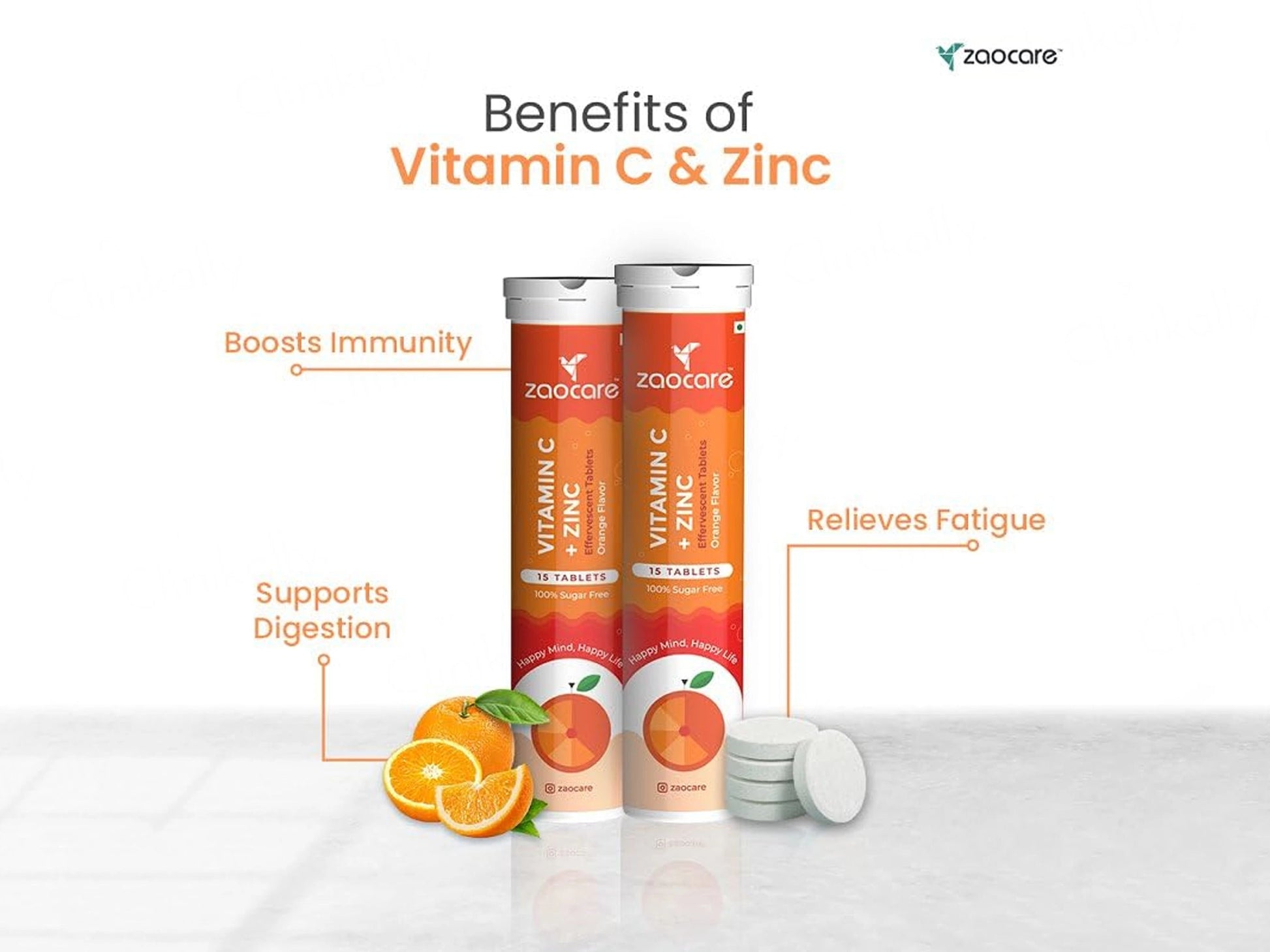 Zaocare Vitamin C  Zinc Effervescent Tablet - Orange Flavour