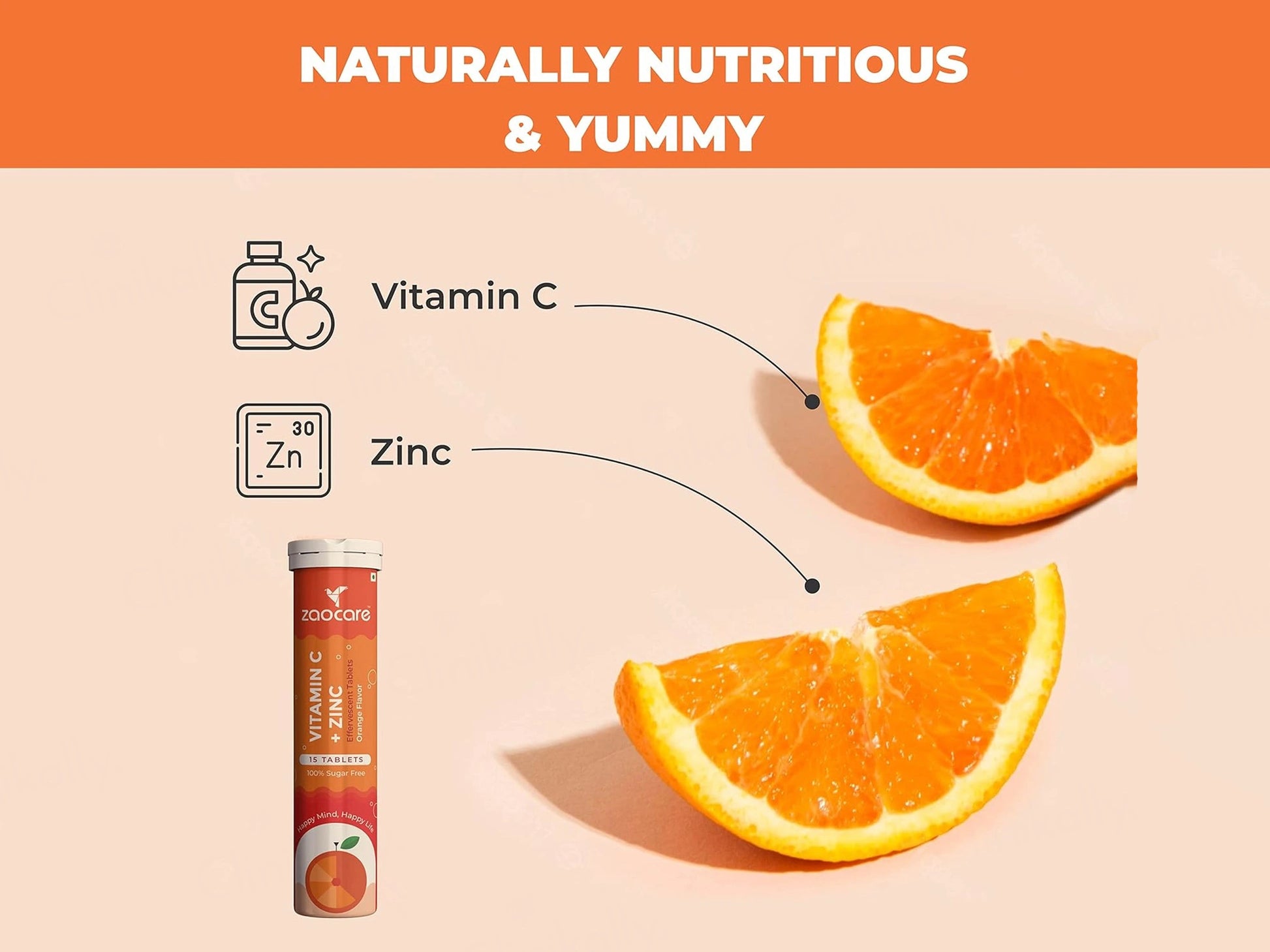 Zaocare Vitamin C  Zinc Effervescent Tablet - Orange Flavour