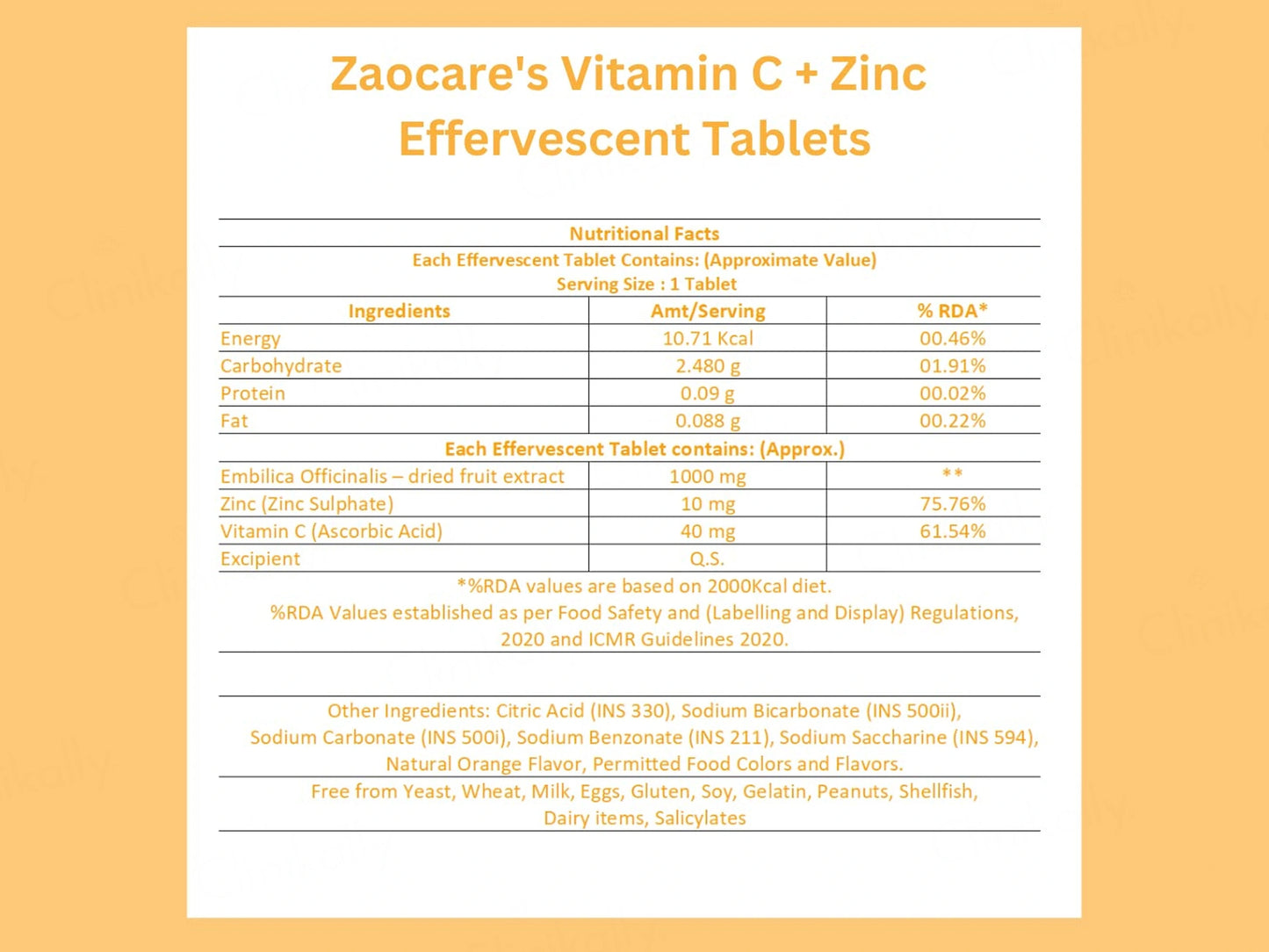 Zaocare Vitamin C  Zinc Effervescent Tablet - Orange Flavour