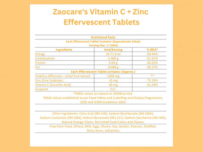 Zaocare Vitamin C  Zinc Effervescent Tablet - Orange Flavour