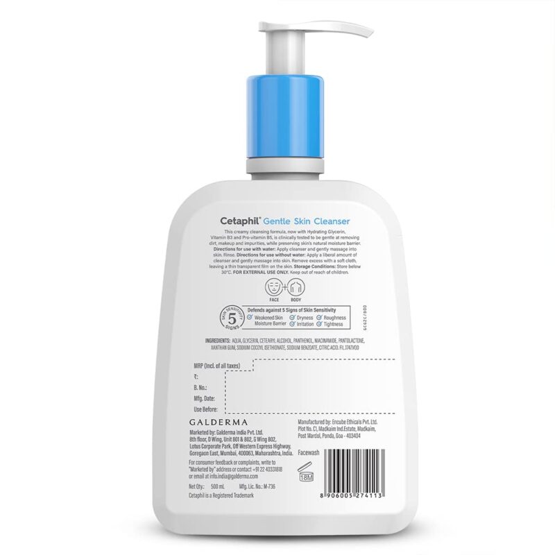 Cetaphil Gentle Skin Cleanser For Dry, Normal Sensitive Skin, 500ml Hydrating Face Wash With Niacinamide,Vitamin B5, Dermatologist Recommended, Paraben, Sulphate Free - Image 2