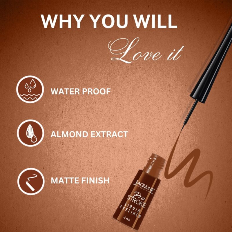 Jaquline USA Pro Stroke Liquid Eyeliner Super Brown 4ml, Enriched with Almond Extract, long lasting, Smudge proof - Image 3