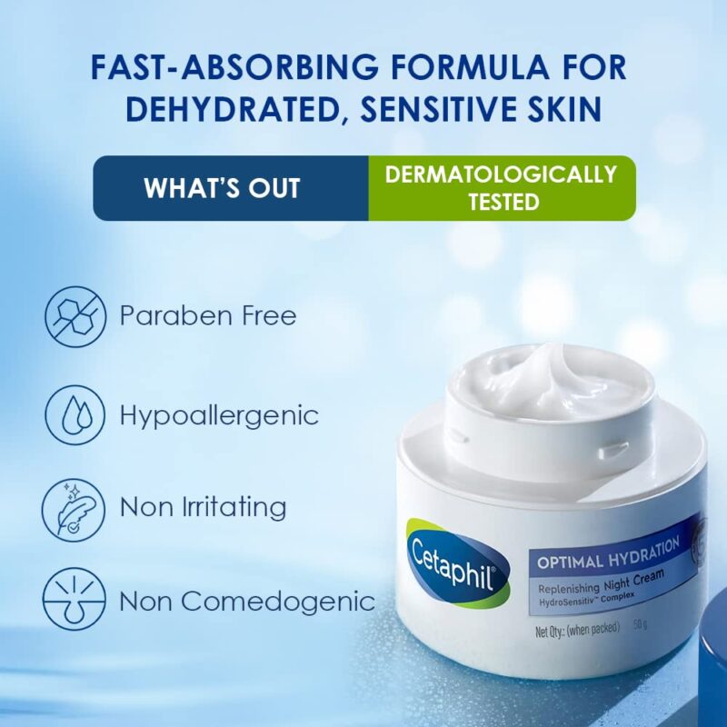 Cetaphil Optimal Hydration Replenishing Night Cream 50g | Lightweight & Fast Absorption | Hyaluronic Acid, Blue Daisy Extract, Niacinamide - Image 9