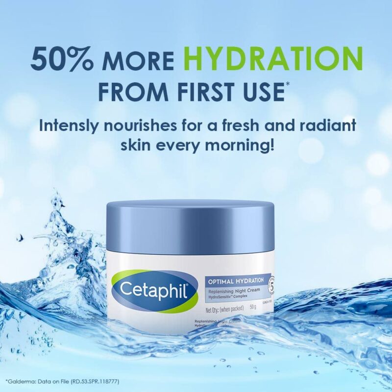 Cetaphil Optimal Hydration Replenishing Night Cream 50g | Lightweight & Fast Absorption | Hyaluronic Acid, Blue Daisy Extract, Niacinamide - Image 2