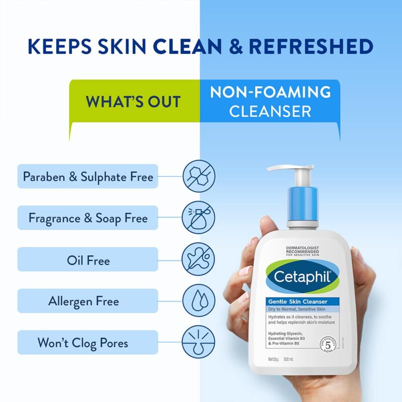 Cetaphil Gentle Skin Cleanser For Dry, Normal Sensitive Skin, 500ml Hydrating Face Wash With Niacinamide,Vitamin B5, Dermatologist Recommended, Paraben, Sulphate Free - Image 3