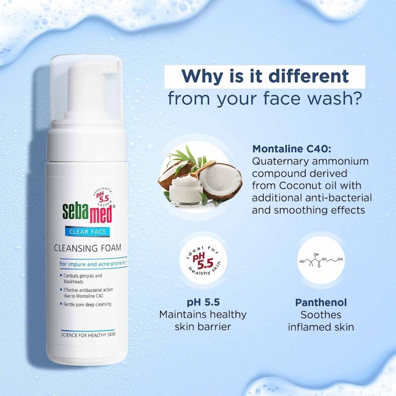 Sebamed Clear Face Foam, PH 5.5, Acne, Pimples & Blackheads, Montaline C40, Gentle Deep Cleanser (150ml) - Image 3