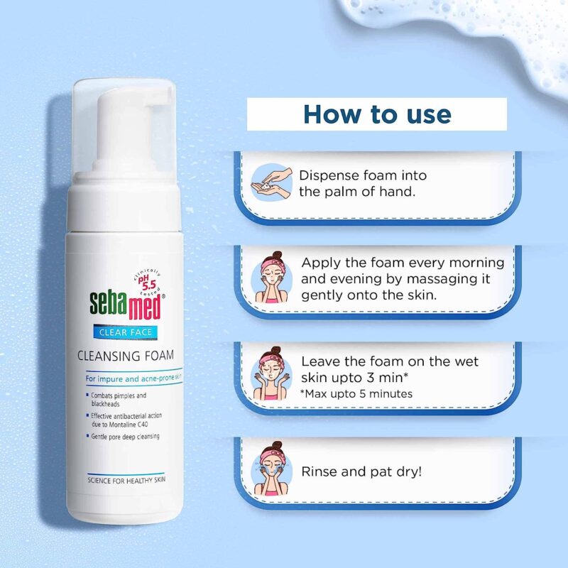 Sebamed Clear Face Foam, PH 5.5, Acne, Pimples & Blackheads, Montaline C40, Gentle Deep Cleanser (150ml) - Image 4