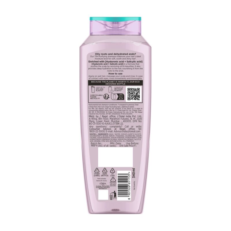 Lâ€™OrÃ©al Paris Hyaluron Pure 72H Purifying Shampoo For Fresh Scalp & Hydrated Hair, 340 ml - Image 2