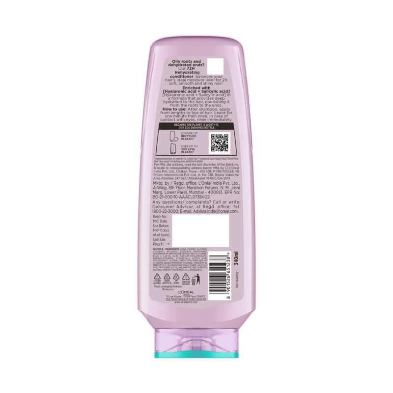 Lâ€™OrÃ©al Paris Hyaluron Pure 72H Rehydrating Conditioner For Smooth Tangle-Free Hair, 340 ml - Image 3