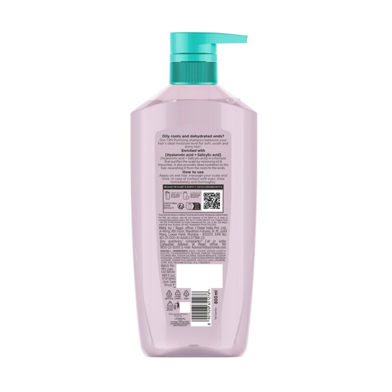 Lâ€™OrÃ©al Paris Hyaluron Pure 72H Purifying Shampoo For Fresh Scalp & Hydrated Hair, 800 ml - Image 2