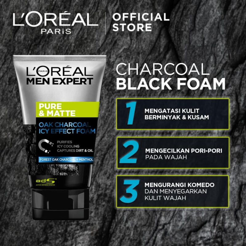 L'OREAL PARIS MEN EXPERT PURE & MATTE CHARCOAL FOAM - 100ML - Image 2